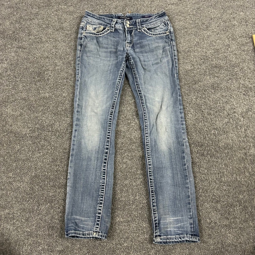Vigoss Jeans Womens Size 27 Blue Slim Fit Embellished Flap Pocket Rhinestone Y2K